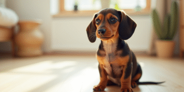 Chiot dachshund à poil lisse assis sur un sol en bois clair