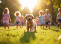 Chiot golden retriever jouant avec des enfants dans un parc
