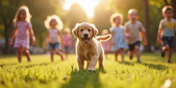Chiot golden retriever jouant avec des enfants dans un parc