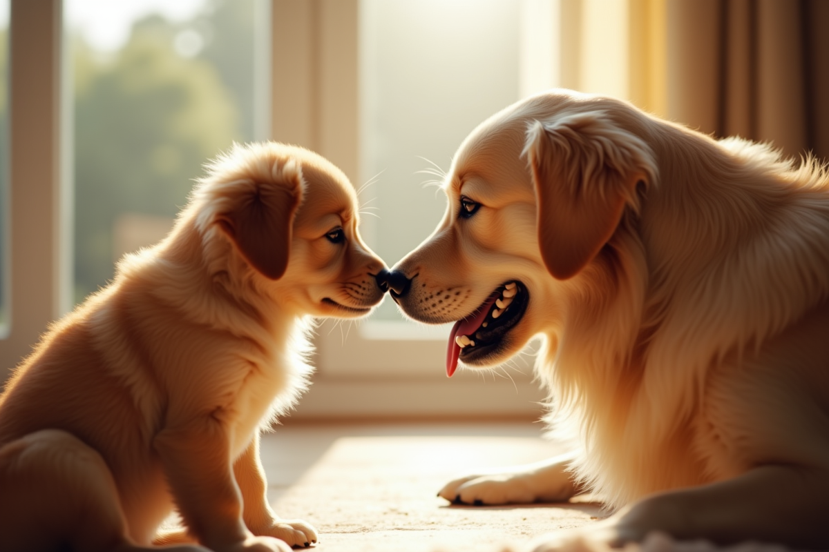 Chiot golden retriever avec un chien adulte en intérieur