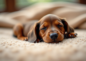 Chiot teckel nouveau-ne dormant sur une couverture beige