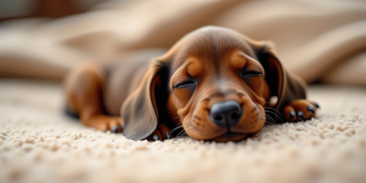 Chiot teckel nouveau-ne dormant sur une couverture beige