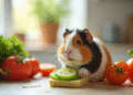 Cochon d'Inde mangeant des légumes frais dans une cuisine lumineuse