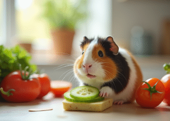 Cochon d'Inde mangeant des légumes frais dans une cuisine lumineuse