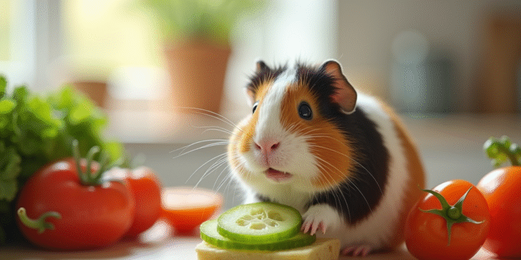Cochon d'Inde mangeant des légumes frais dans une cuisine lumineuse