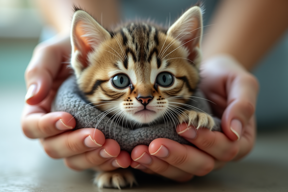 Chaton mouillé essuyé doucement par des mains attentionnees