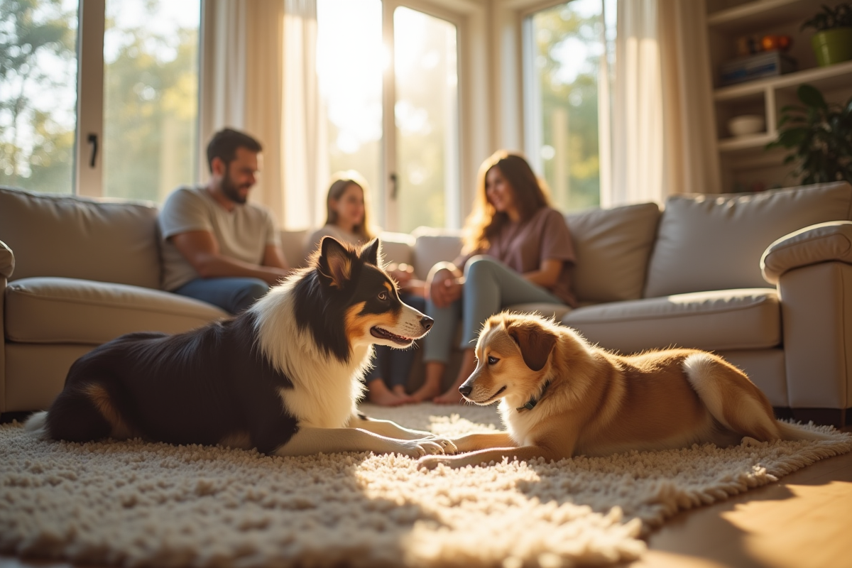 Famille relaxant avec leur chien dans un salon lumineux