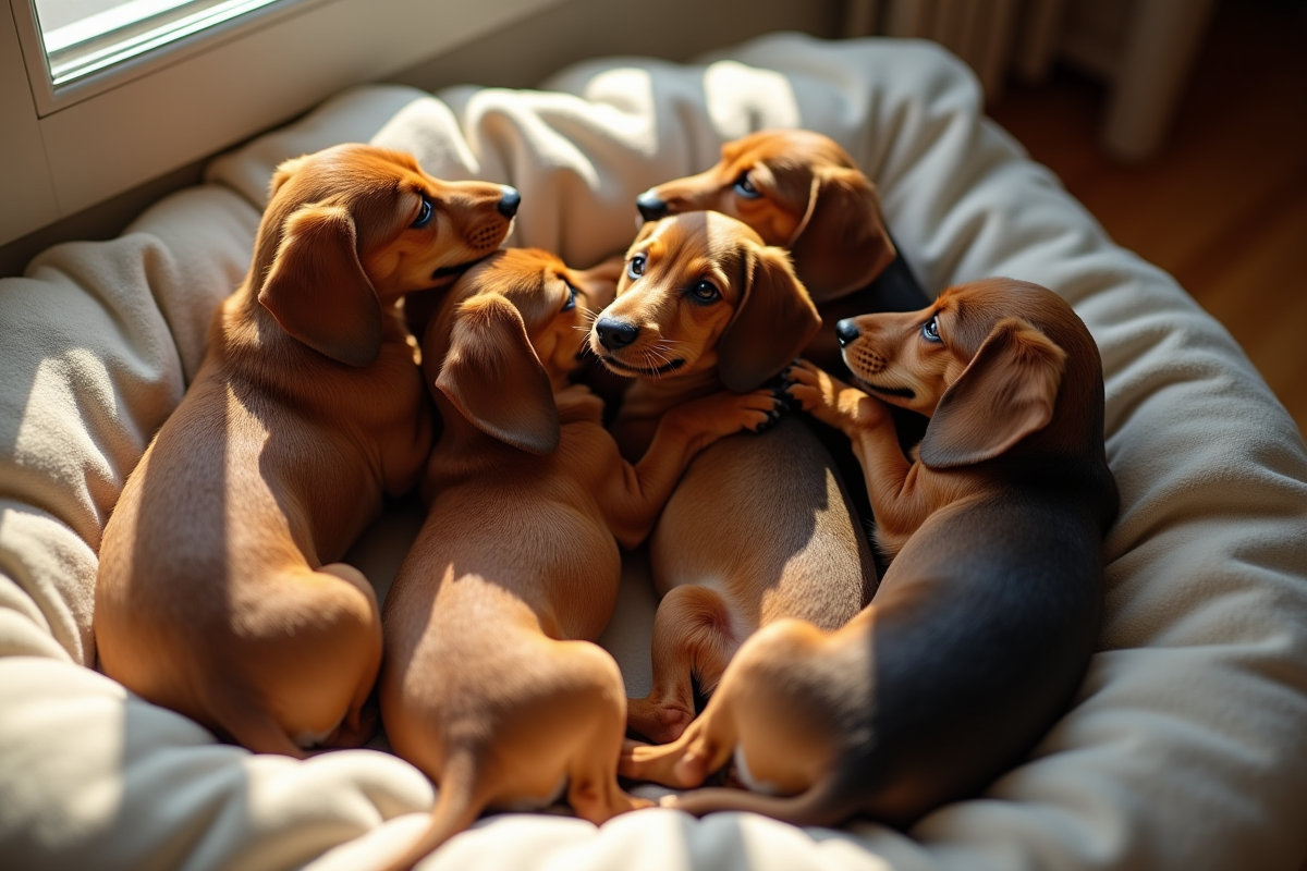 Plusieurs chiots teckel se blottissant dans un salon ensoleille