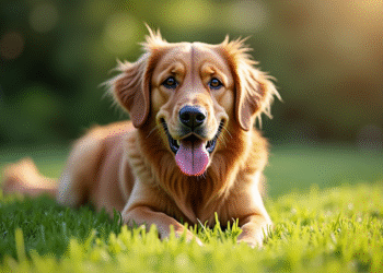 Labrador à poil long dans un jardin ensoleille