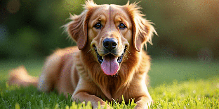 Labrador à poil long dans un jardin ensoleille