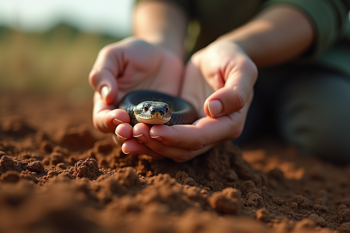Main de conservationniste tenant un serpent sauvage