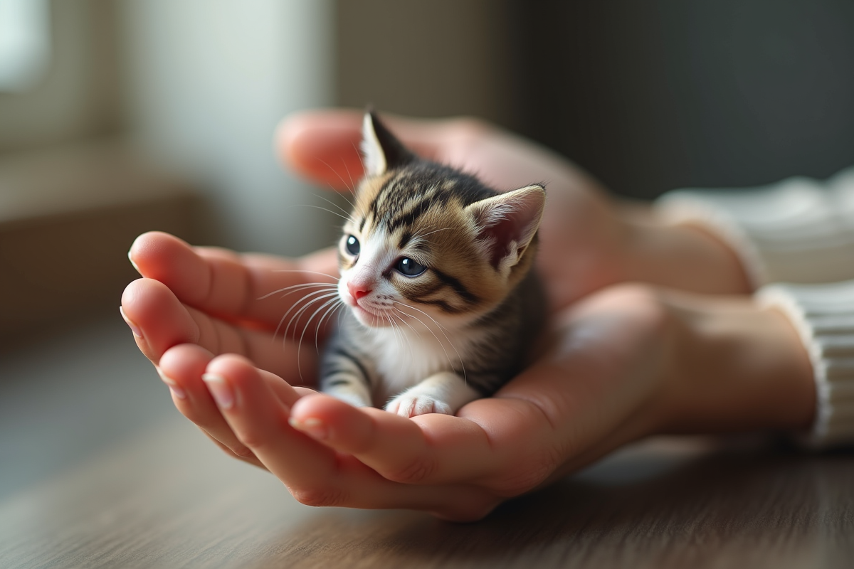 Main humaine tenant doucement un petit chaton