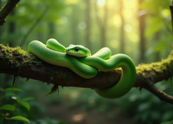Serpent vert en forêt avec lumière naturelle