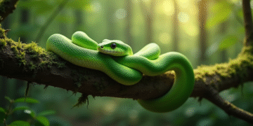 Serpent vert en forêt avec lumière naturelle
