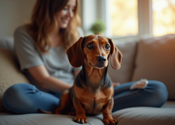 Teckel assis sur un canapé dans un salon chaleureux