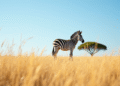 Zebre debout sous un ciel bleu avec arbre acacia
