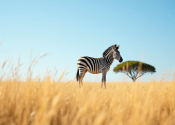 Zebre debout sous un ciel bleu avec arbre acacia
