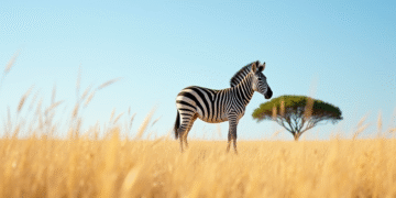 Zebre debout sous un ciel bleu avec arbre acacia