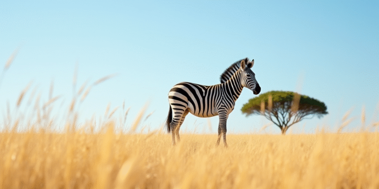 Zebre debout sous un ciel bleu avec arbre acacia