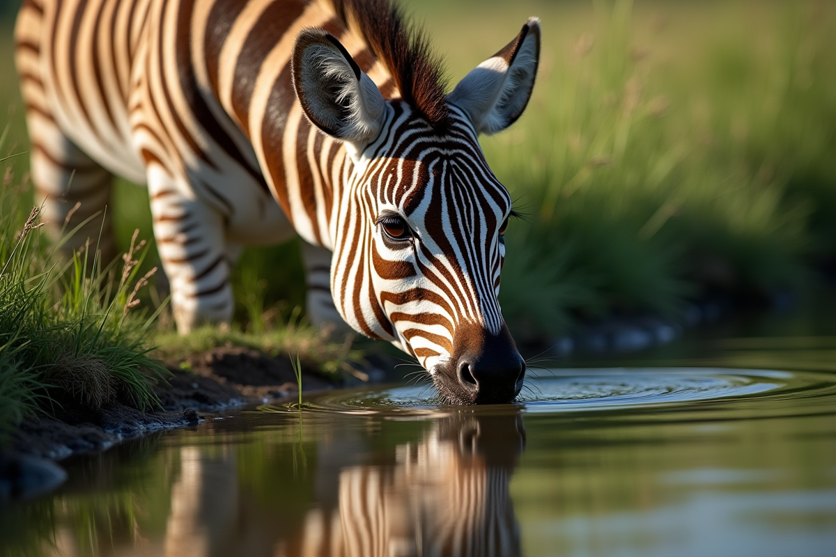 Reflet d un zebre au bord de la rivière avec végétation