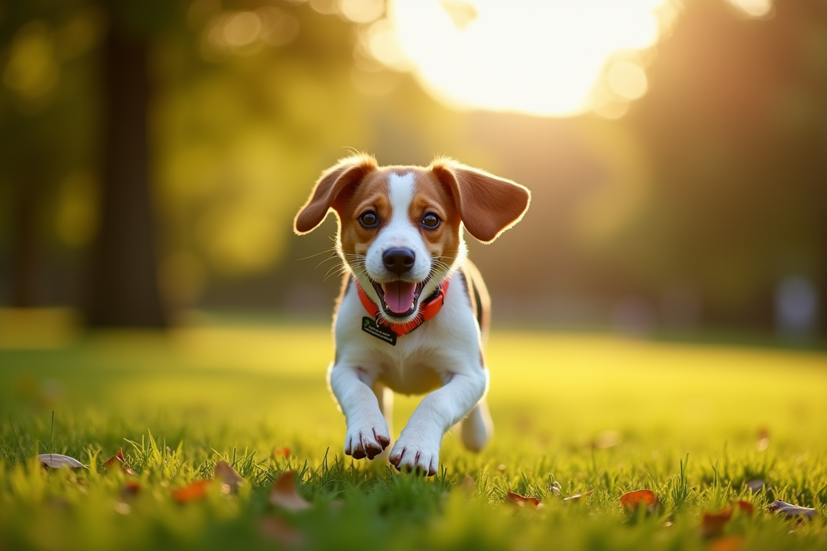 Beagle courant dans un parc ensoleille avec collier coloré