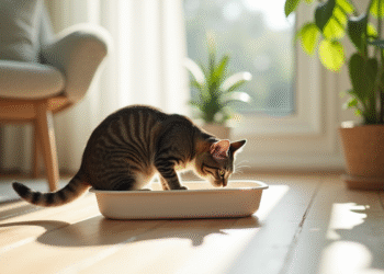 Chat domestique reniflant une litière propre dans un salon lumineux