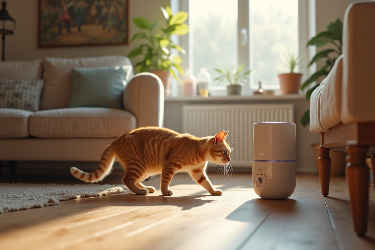Chat roux explorant un coin de salon avec un désodorisant