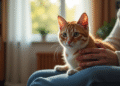 Chat inquiet sur les genoux dans un salon lumineux