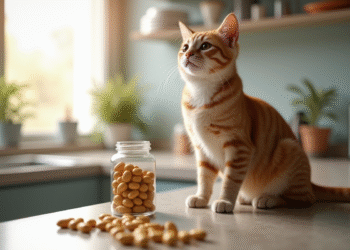 Chat domestique curieux sur le comptoir avec compléments alimentaires