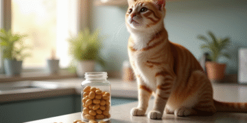 Chat domestique curieux sur le comptoir avec compléments alimentaires