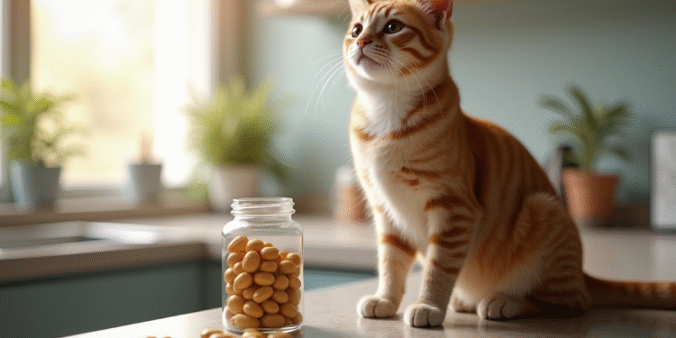 Chat domestique curieux sur le comptoir avec compléments alimentaires