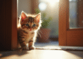 Chaton curieux aux yeux bleus dans une porte ouverte