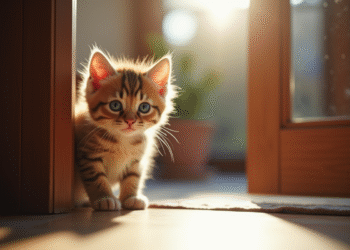 Chaton curieux aux yeux bleus dans une porte ouverte