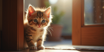Chaton curieux aux yeux bleus dans une porte ouverte