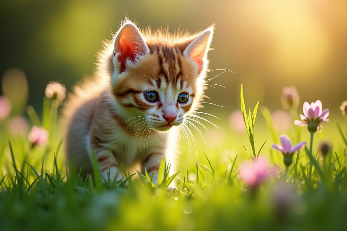 Petit chaton explorant un jardin vert au matin