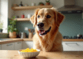Golden Retriever curieux devant un bol de fromage râpe