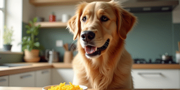 Golden Retriever curieux devant un bol de fromage râpe