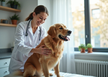 Chien golden retriever heureux chez le vétérinaire