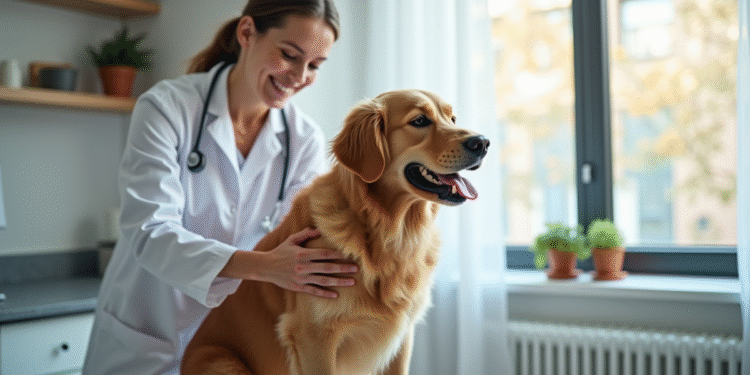 Chien golden retriever heureux chez le vétérinaire