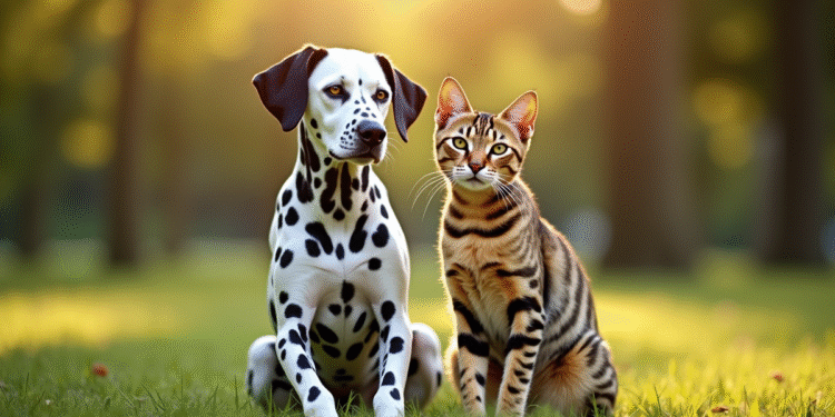 Dalmatien et Bengal dans un parc ensoleille