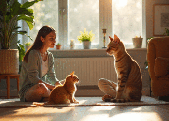 Jeune femme assise avec son chat roux dans un salon lumineux