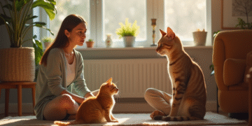 Jeune femme assise avec son chat roux dans un salon lumineux