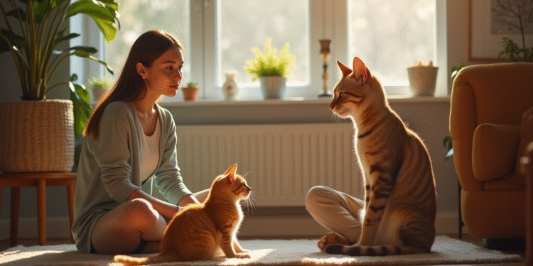 Jeune femme assise avec son chat roux dans un salon lumineux