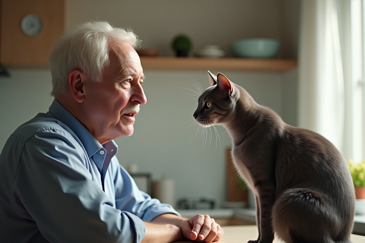 Homme âgé parlant à un chat gris dans la cuisine moderne