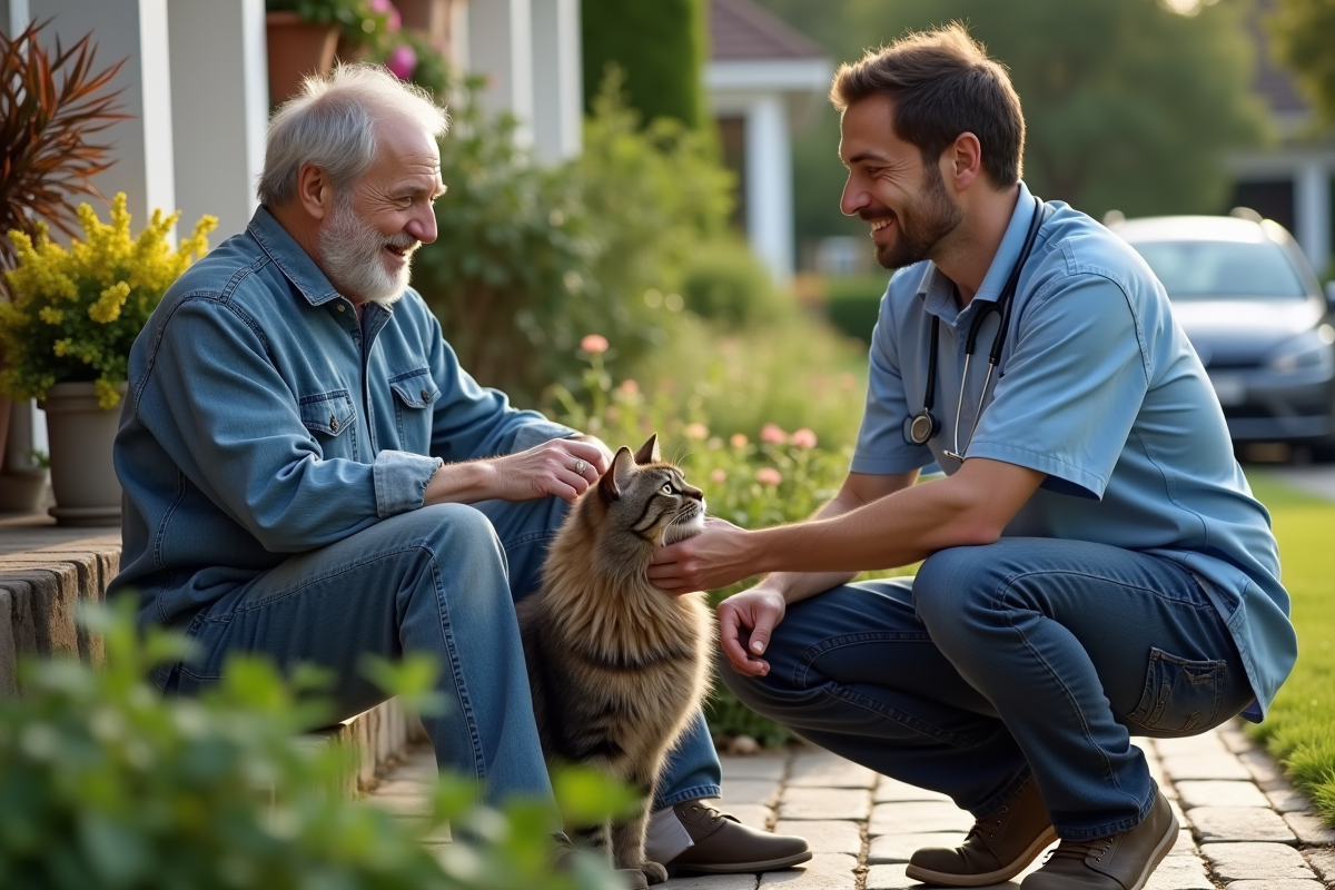 Homme âgé avec chat et vétérinaire dans un jardin résidentiel