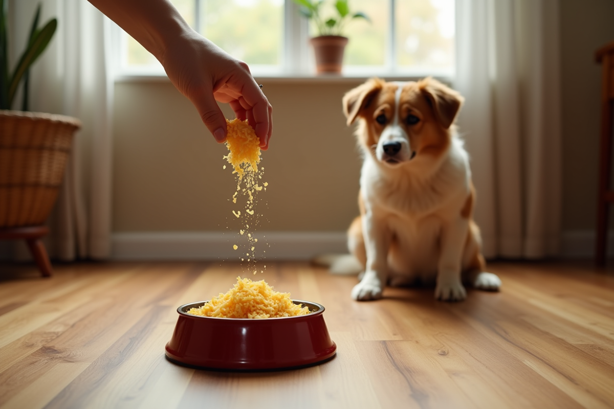 Main saupoudrant du fromage râpé sur la nourriture du chien