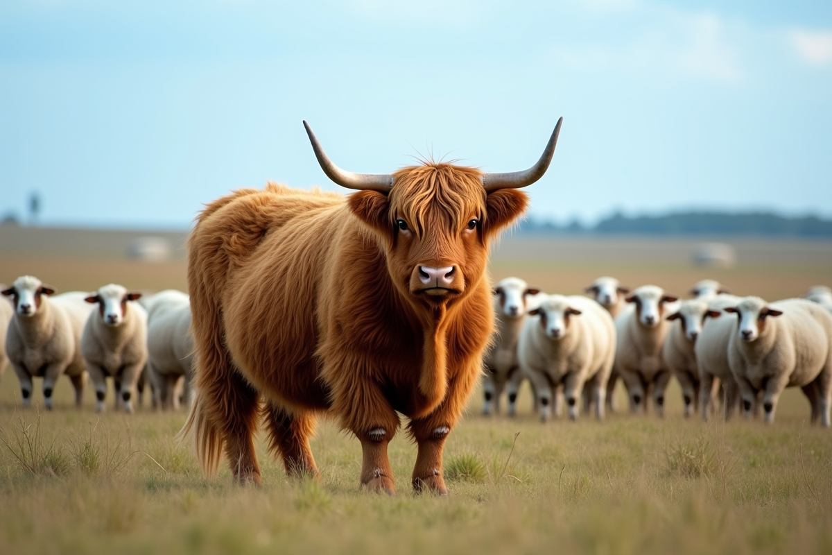 Vache Highland avec moutons en prairie bleue