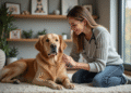 Vétérinaire femme examinant un chien dans un salon chaleureux
