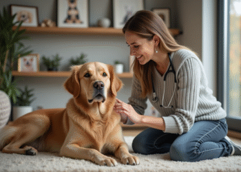 Vétérinaire femme examinant un chien dans un salon chaleureux