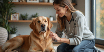 Vétérinaire femme examinant un chien dans un salon chaleureux